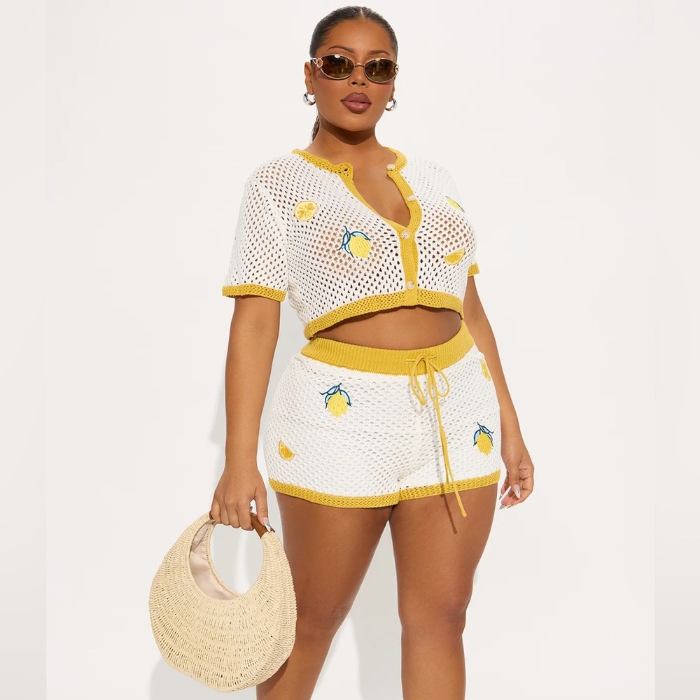Fashion Nova Lemon Zest Embroidered Crochet Cropped Top Micro Hot Short Set